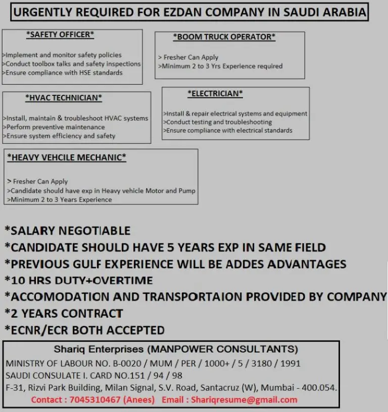 URGENT REQUIREMENT: EZDAN COMPANY – SAUDI ARABIA