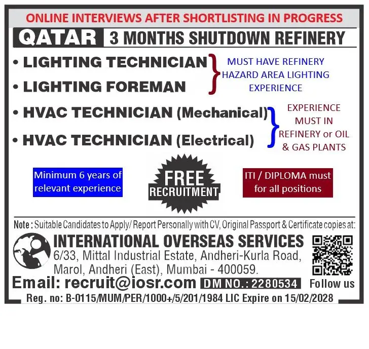 URGENT REQUIREMENT: QATAR SHUTDOWN JOBS (3 MONTHS)