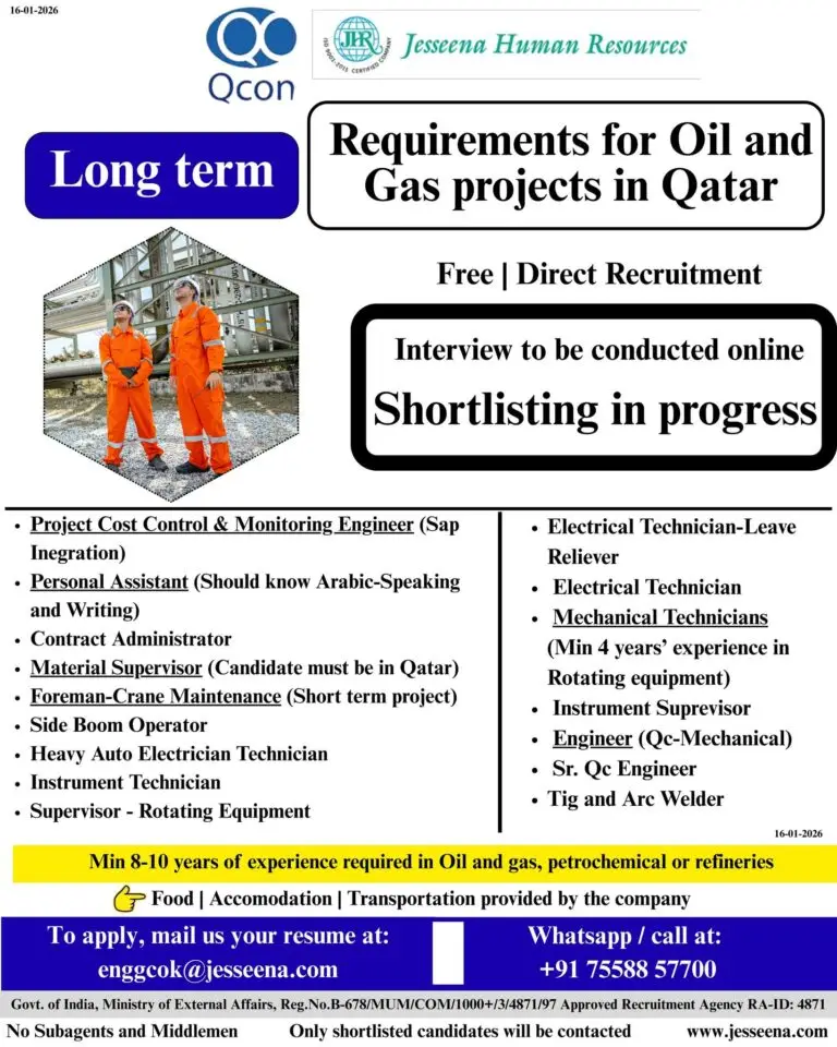 Urgent Requirements for oil & gas project in Qatar