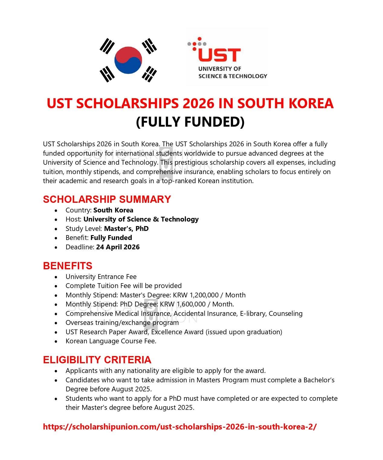 UST Scholarship 2026 in South Korea