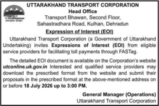 UTC Expression of Interest: FASTag Toll Payment Facilitation Services