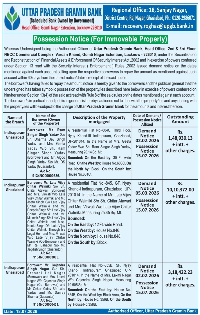 Uttar Pradesh Gramin Bank Possession Notice