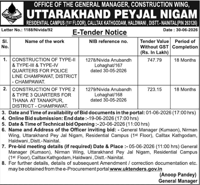 Uttarakhand Peyjal Nigam Police Quarters Construction E-Tender Notice