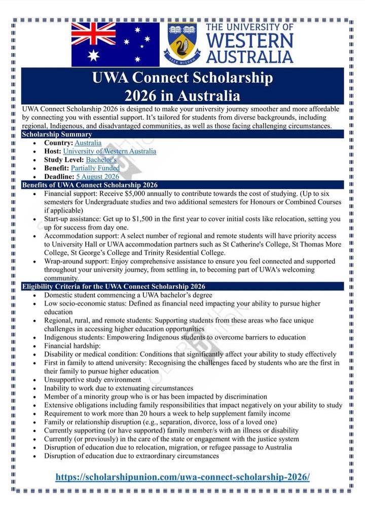 UWA Connect Scholarship 2026 in Australia