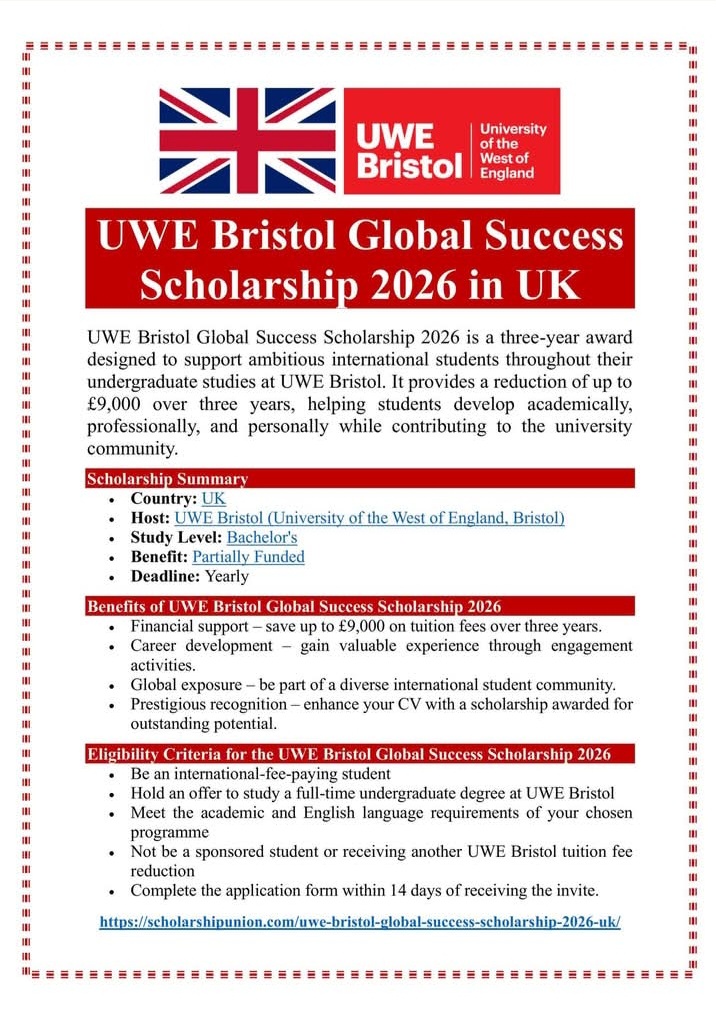UWE Bristol Global Success Scholarship 2026 in UK
