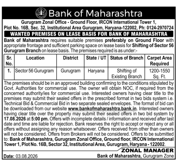 Wanted Premises on Lease Basis Notice