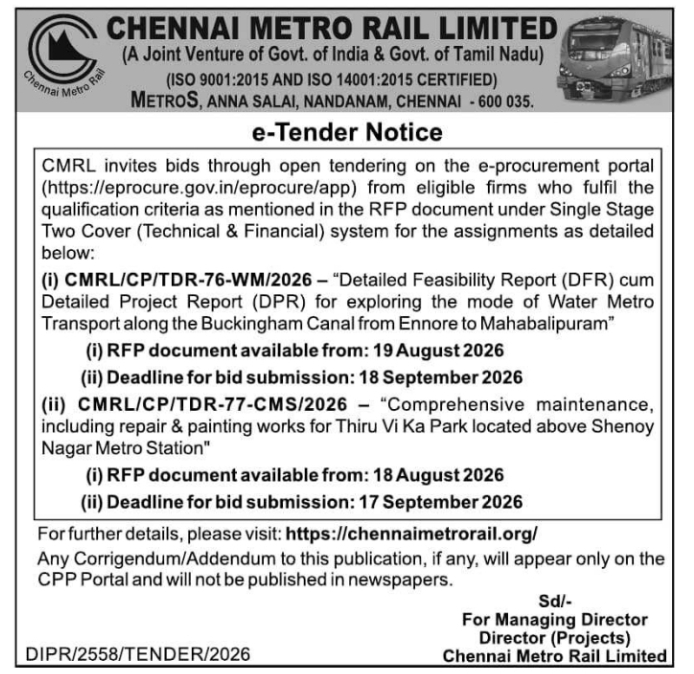 Water Metro and Transit Park Maintenance Tenders by Chennai Metro Rail Limited
