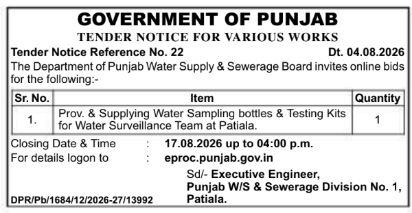 Water Sampling Bottles & Testing Kits Tender Notice by Government of Punjab
