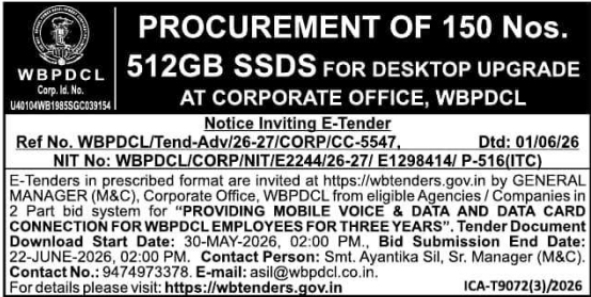 WBPDCL E-Tender: Procurement of 150 Nos. 512GB SSDs, Corporate Office