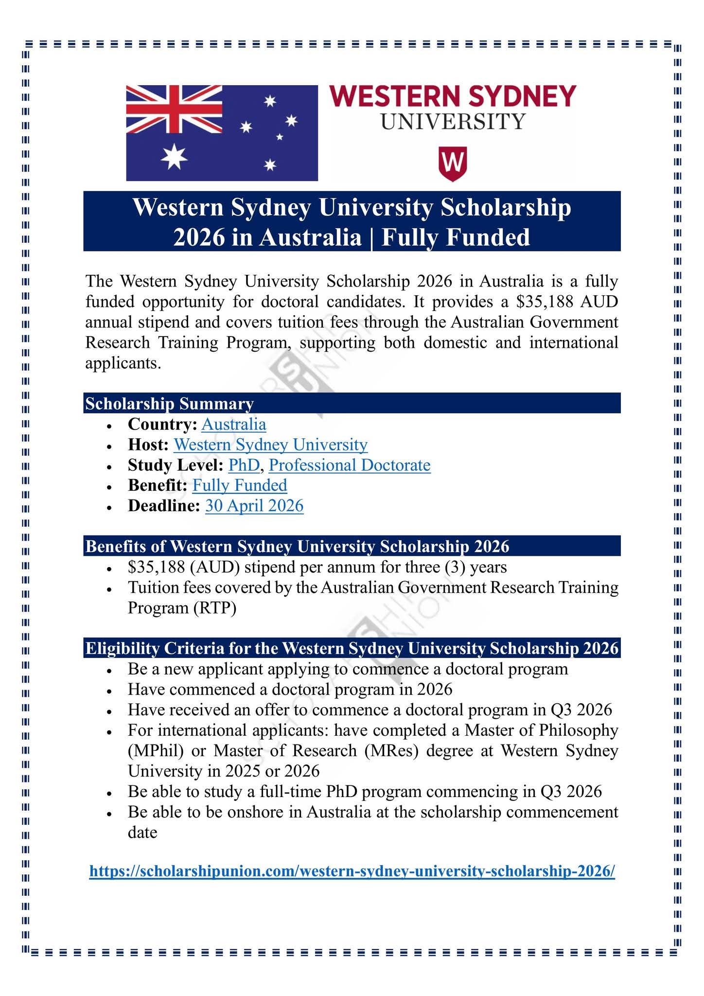 Western Sydney University Scholarship 2026 in Australia