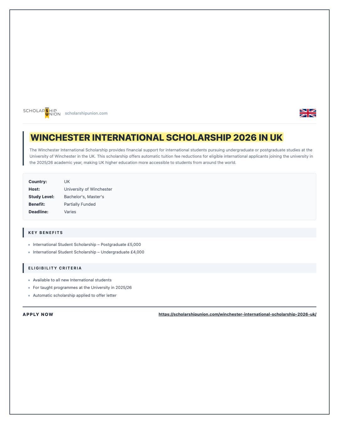 Winchester International Scholarship 2026 In UK