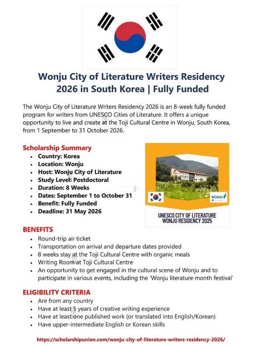Wonju City of Literature Writers Residency 2026 in South Korea