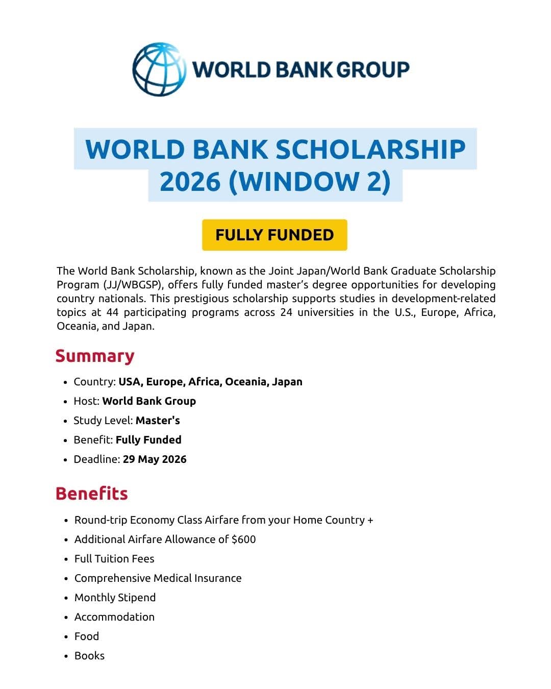 World Bank Scholarship 2026 (Window 2)