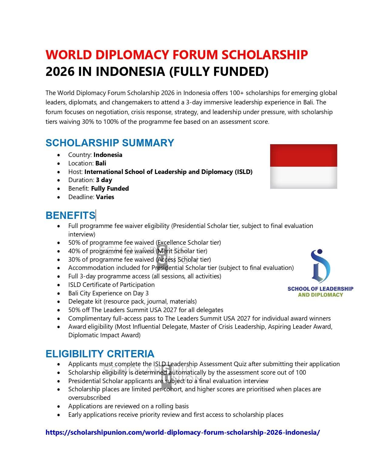 World Diplomacy Forum Scholarship 2026 in Indonesia