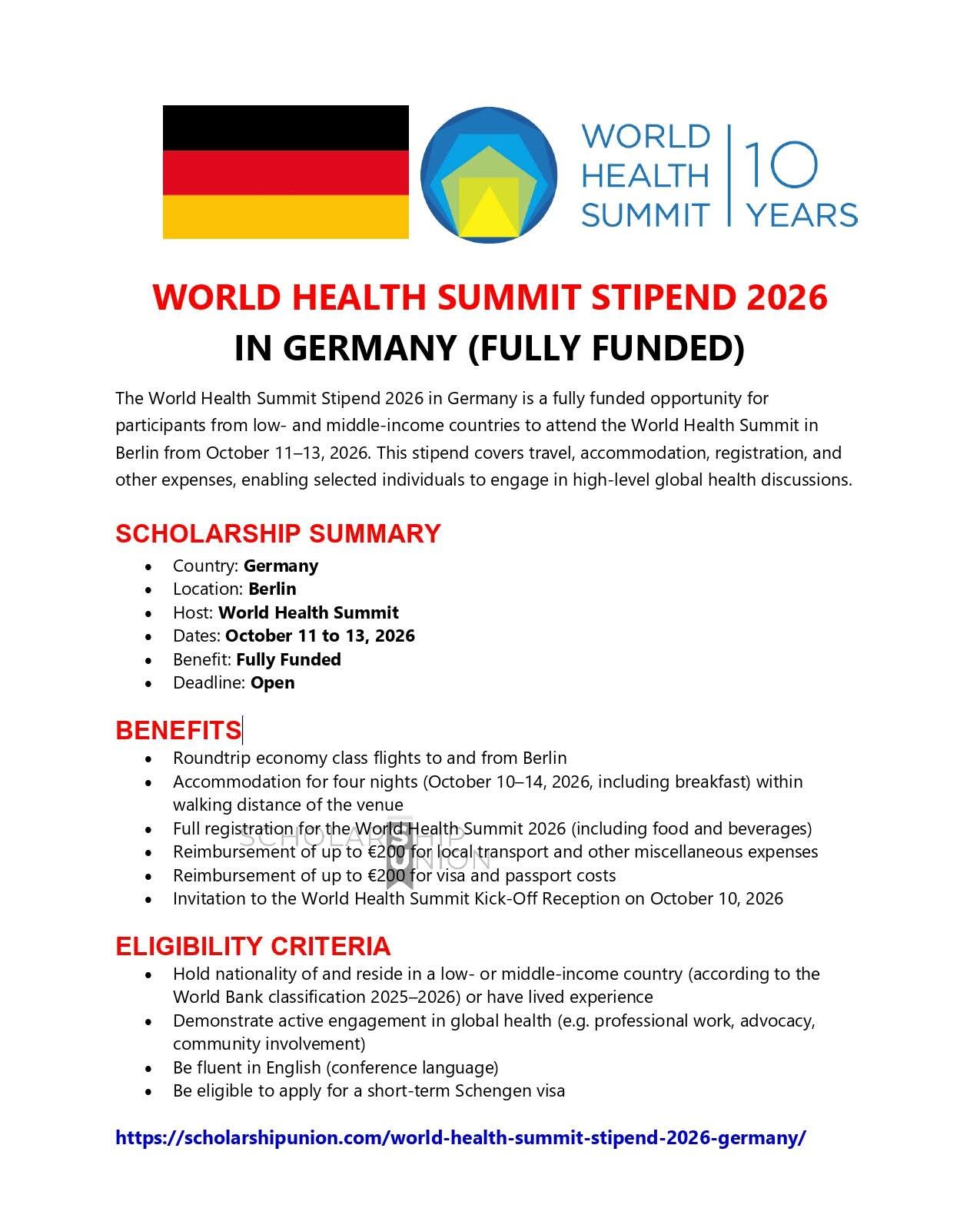 World Health Summit Stipend 2026 in Germany