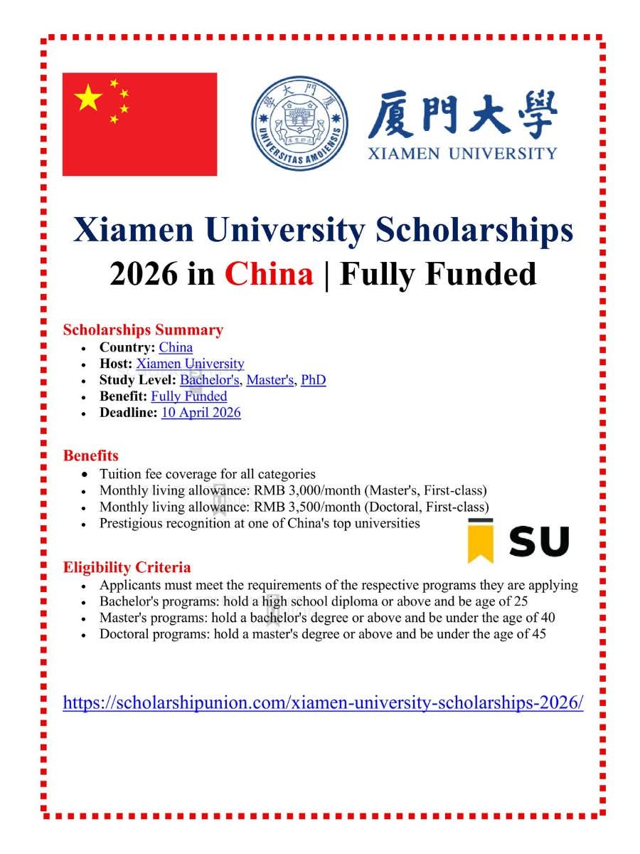 Xiamen University Scholarships 2026 in China