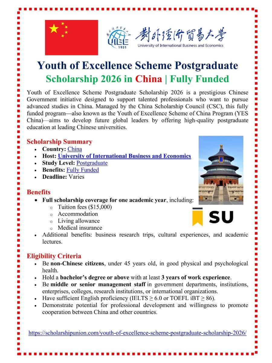 Youth of Excellence Scheme Postgraduate Scholarship 2026 in China