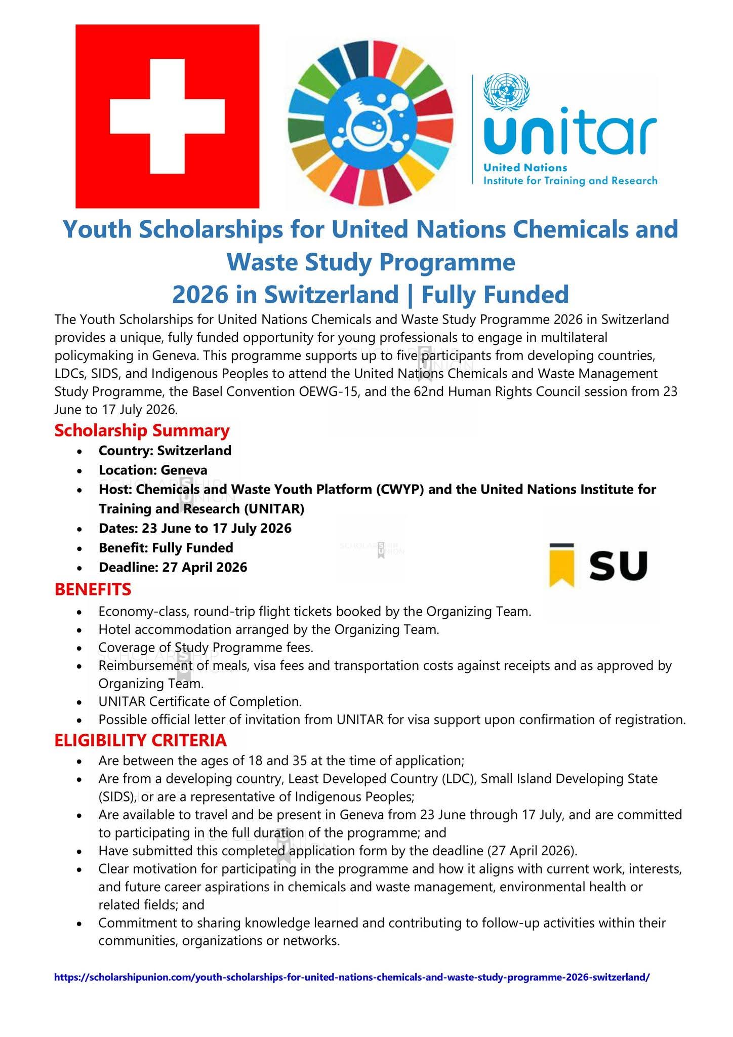 Youth Scholarships For United Nations Chemicals and Waste Study Programme 2026 in Switzerland