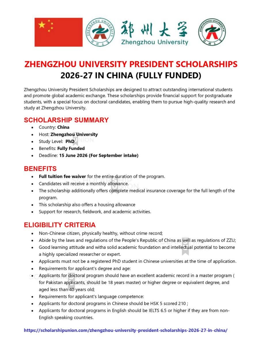 Zhengzhou University President Scholarships 2026 - 27 in China