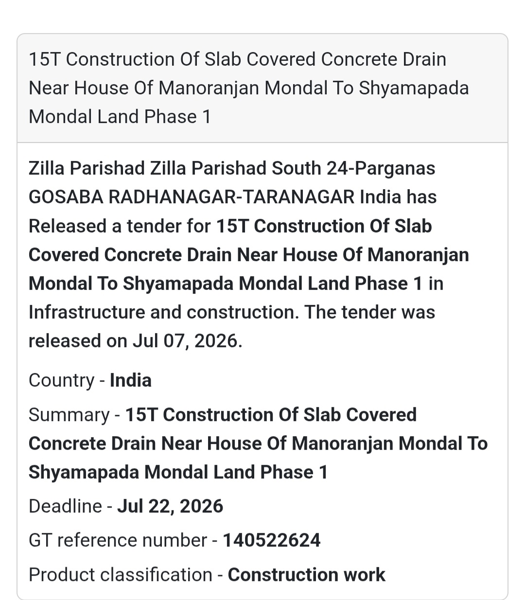 📢 15T Construction of Slab Covered Concrete Drain Near House of Manoranjan Mondal to Shyamapada Mondal Land (Phase 1) | Gosaba, South 24 Parganas, West Bengal