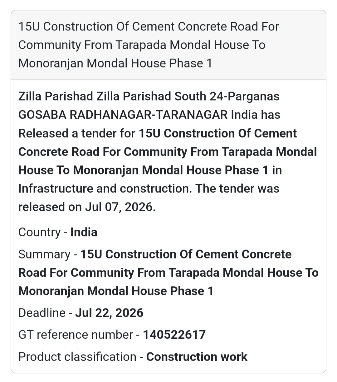 📢 15U Construction of Cement Concrete Road for Community from Tarapada Mondal House to Monoranjan Mondal House Phase 1 | Gosaba, South 24 Parganas, West Bengal