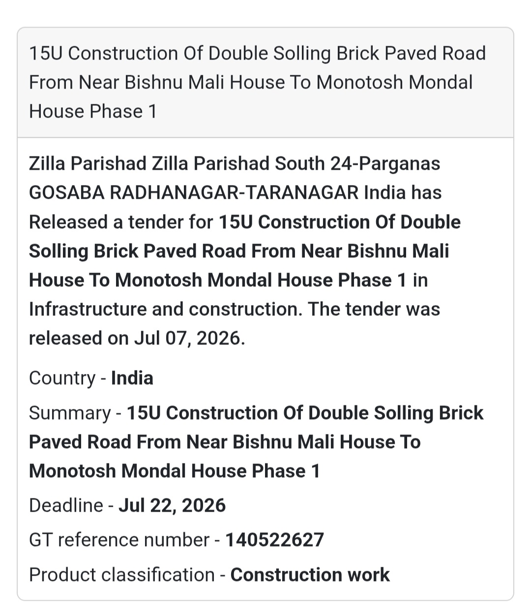 📢 15U Construction of Double Solling Brick Paved Road from Near Bishnu Mali House to Monotosh Mondal House (Phase 1) | Gosaba, South 24 Parganas, West Bengal