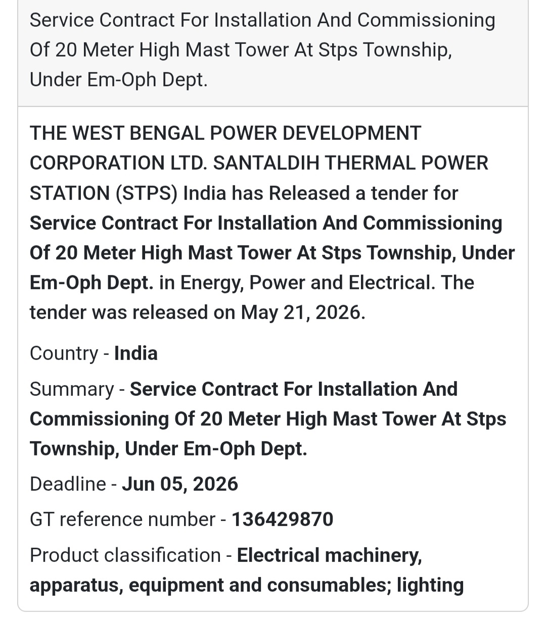 💡 20 Meter High Mast Tower Installation Tender