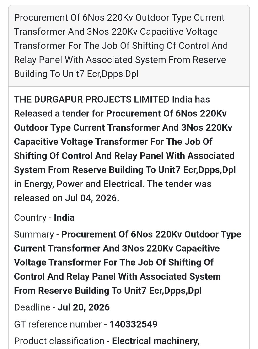 ⚡ 220kV Current & Capacitive Voltage Transformer Procurement Tender | Durgapur 📍