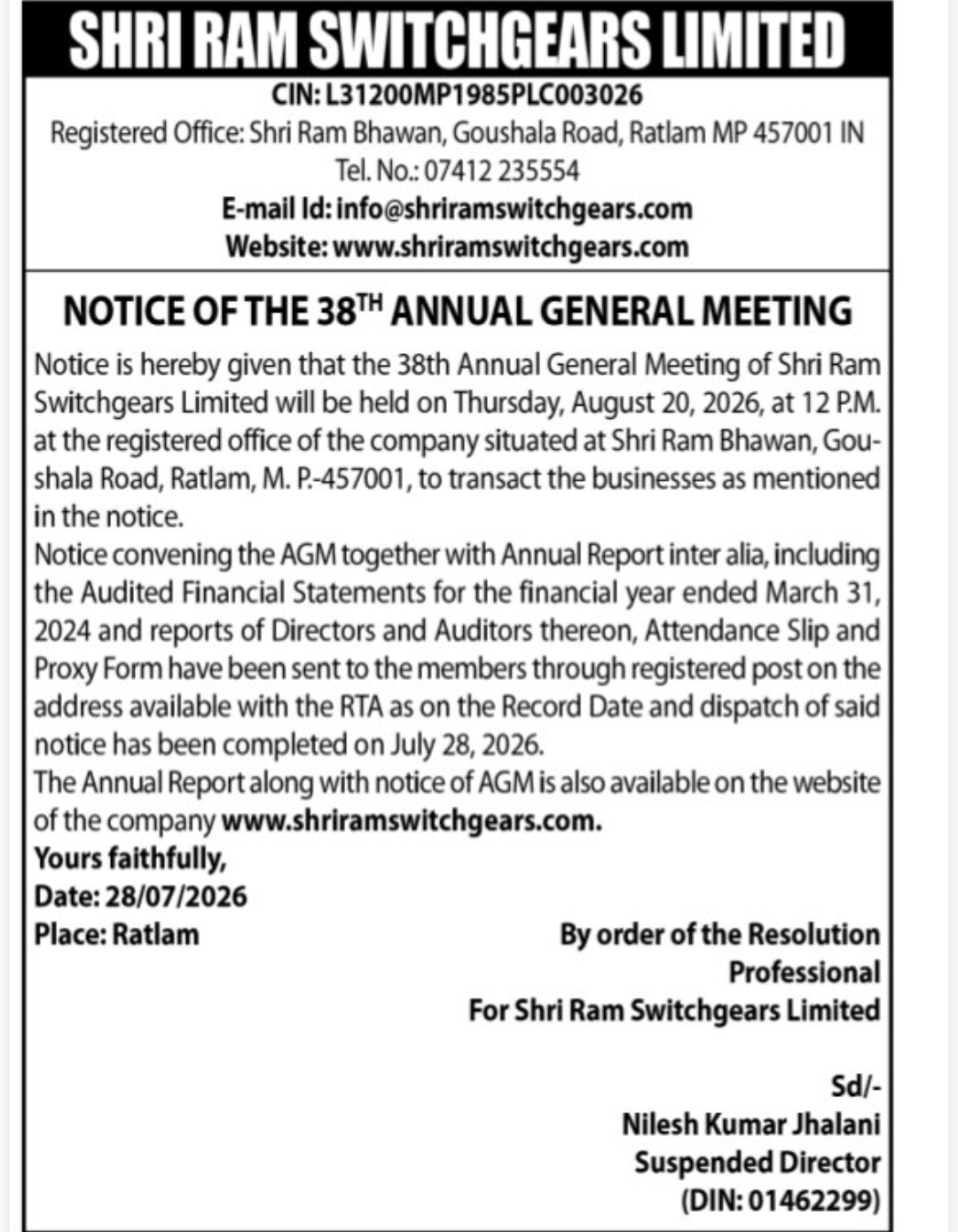 🏢 38th Annual General Meeting Notice – Shri Ram Switchgears Limited, Ratlam