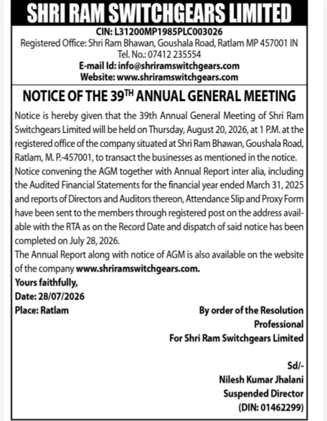 🏢 39th Annual General Meeting Notice – Shri Ram Switchgears Limited, Ratlam