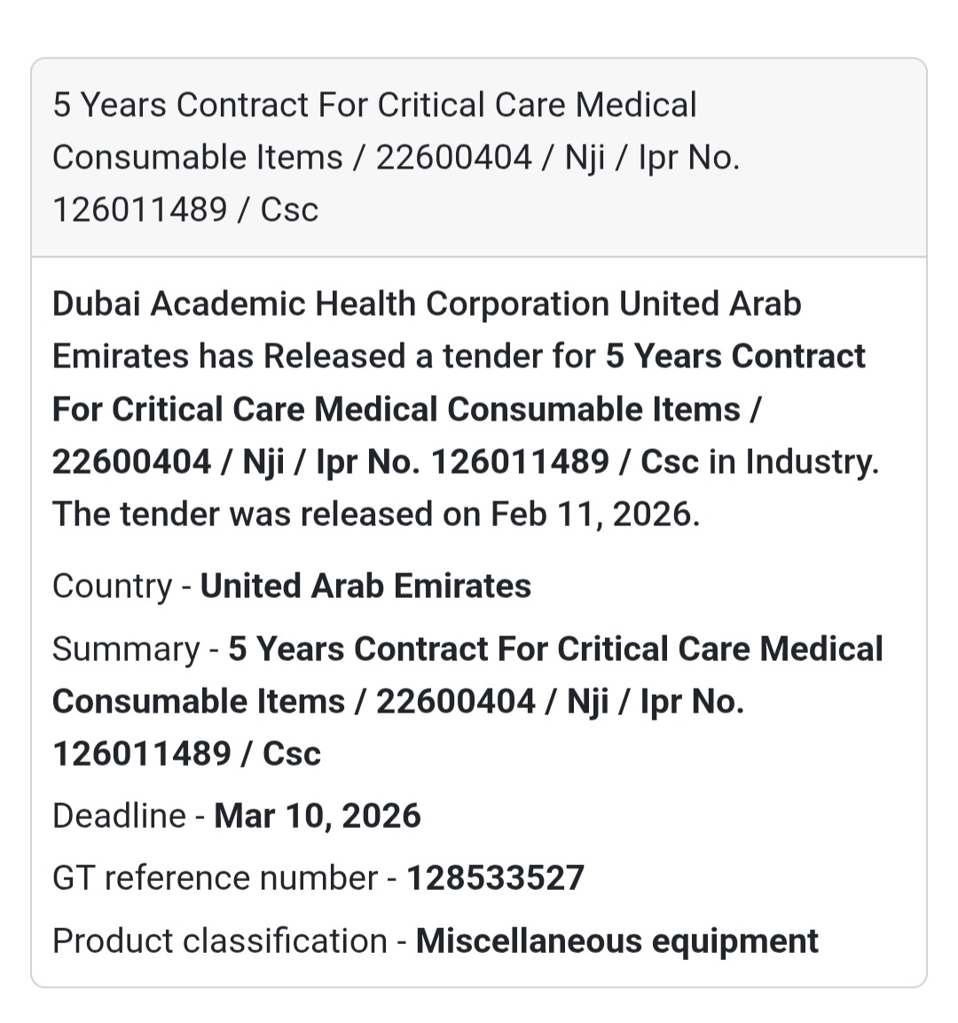 🔹 5-Year Contract – Critical Care Medical Consumables
