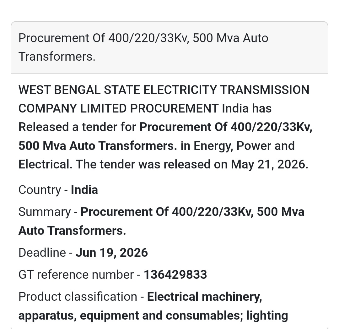 🔋 500 MVA Auto Transformer Procurement Tender