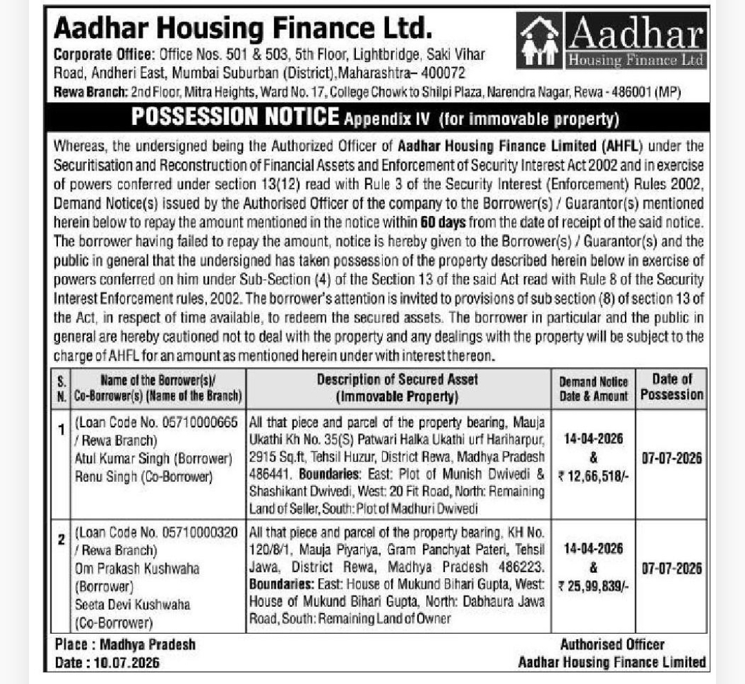 🏦 Aadhaar Housing Finance Ltd. – Possession Notice