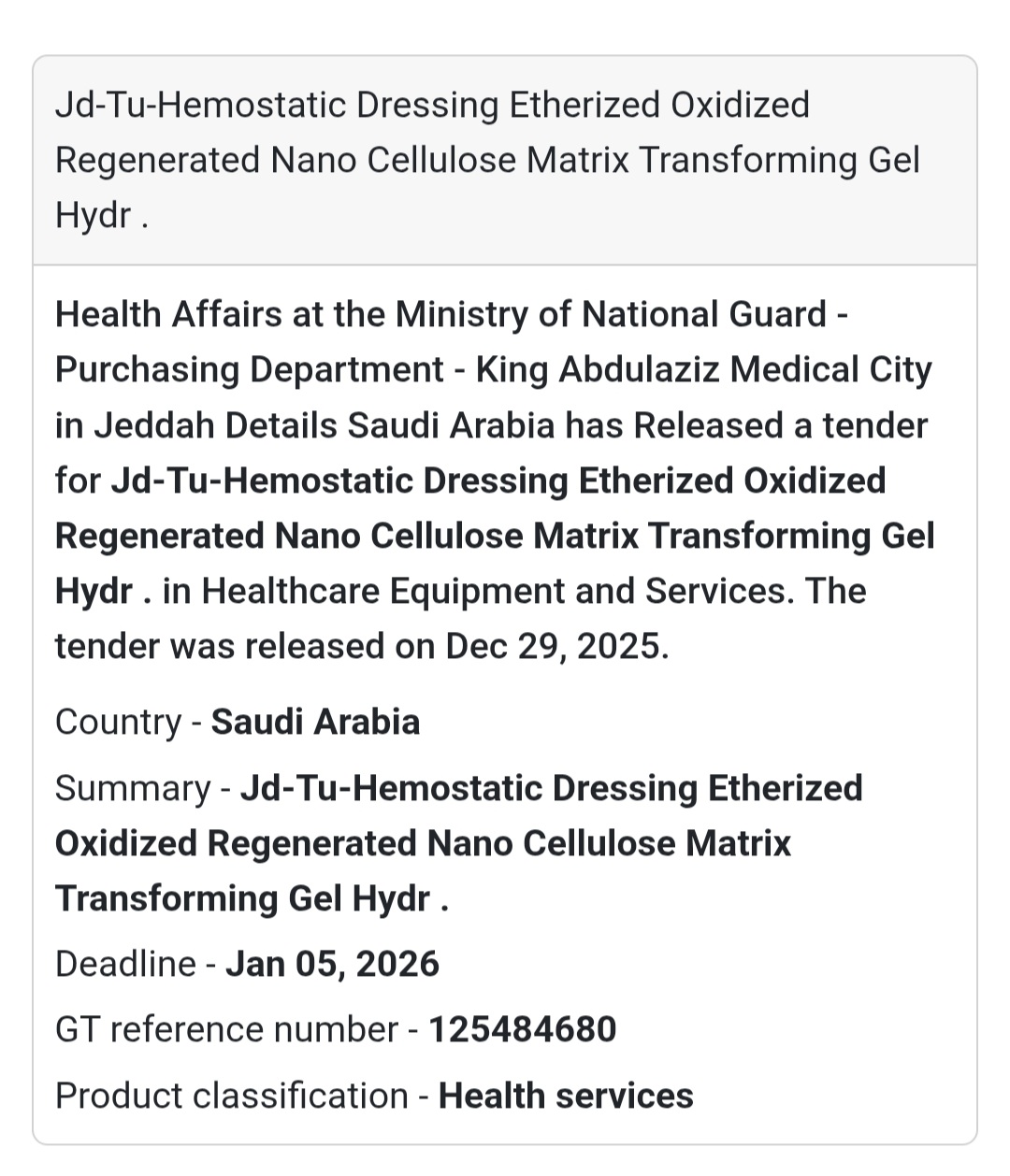 📢 Advanced Hemostatic Dressing Tender – Saudi Arabia 🇸🇦