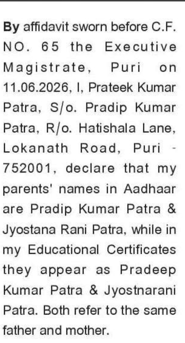 📢 Affidavit Regarding Parents' Names – Puri