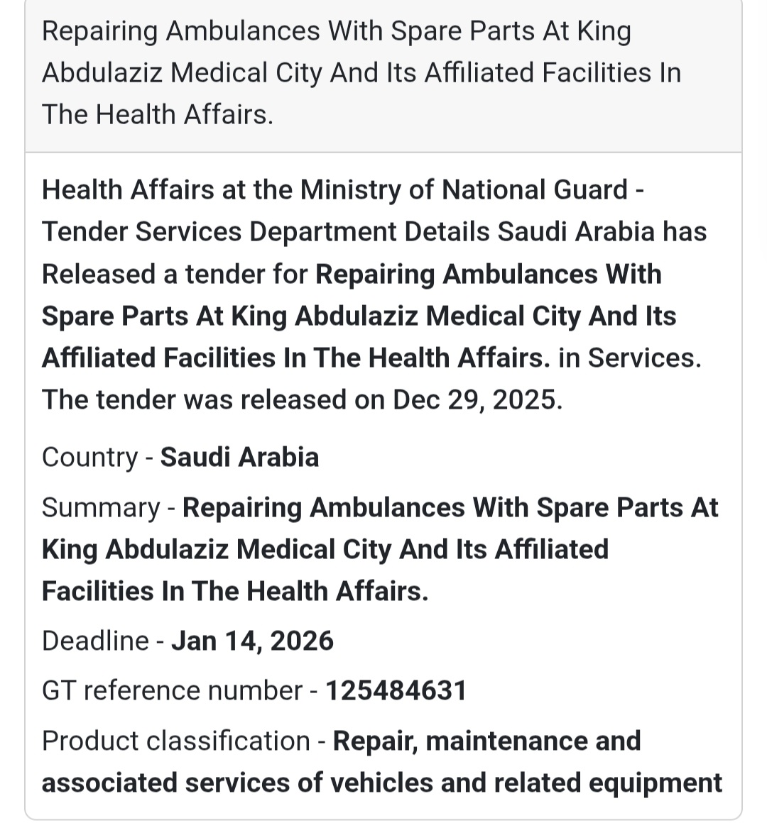 📢 Ambulance Repair Tender – Saudi Arabia 🇸🇦