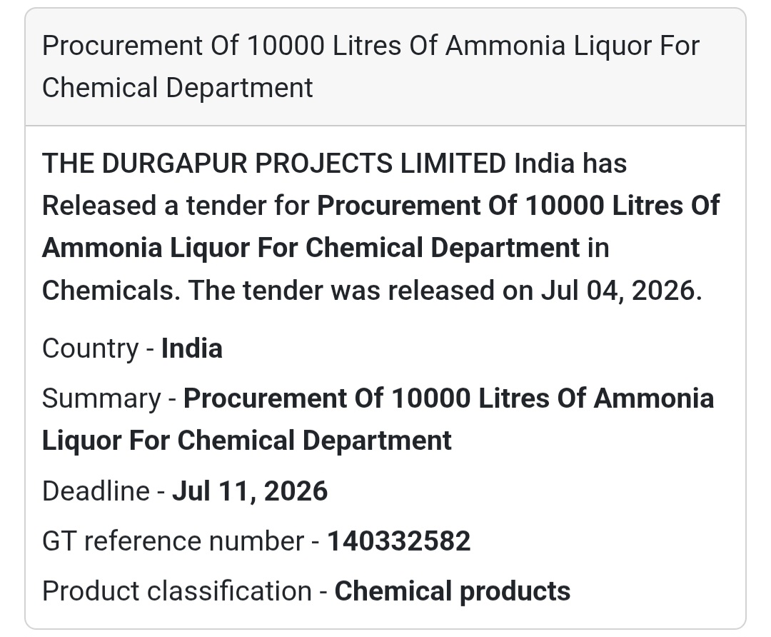 🧪 Ammonia Liquor Procurement Tender | Durgapur 📍