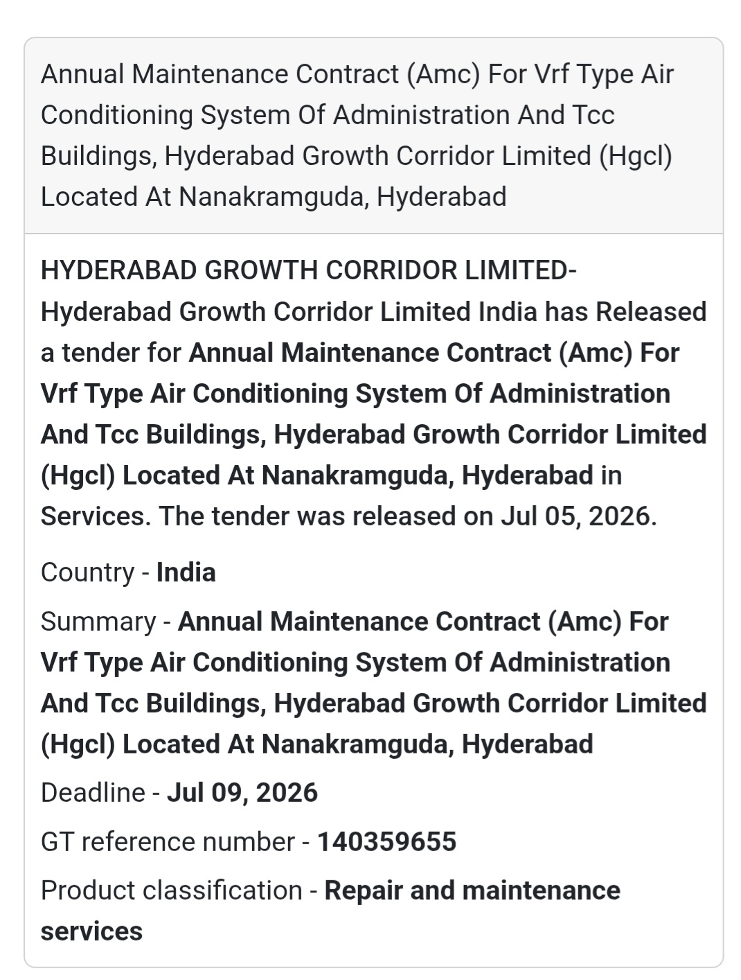 ❄️ Annual Maintenance Contract for VRF Air Conditioning System – HGCL, Nanakramguda 🏢