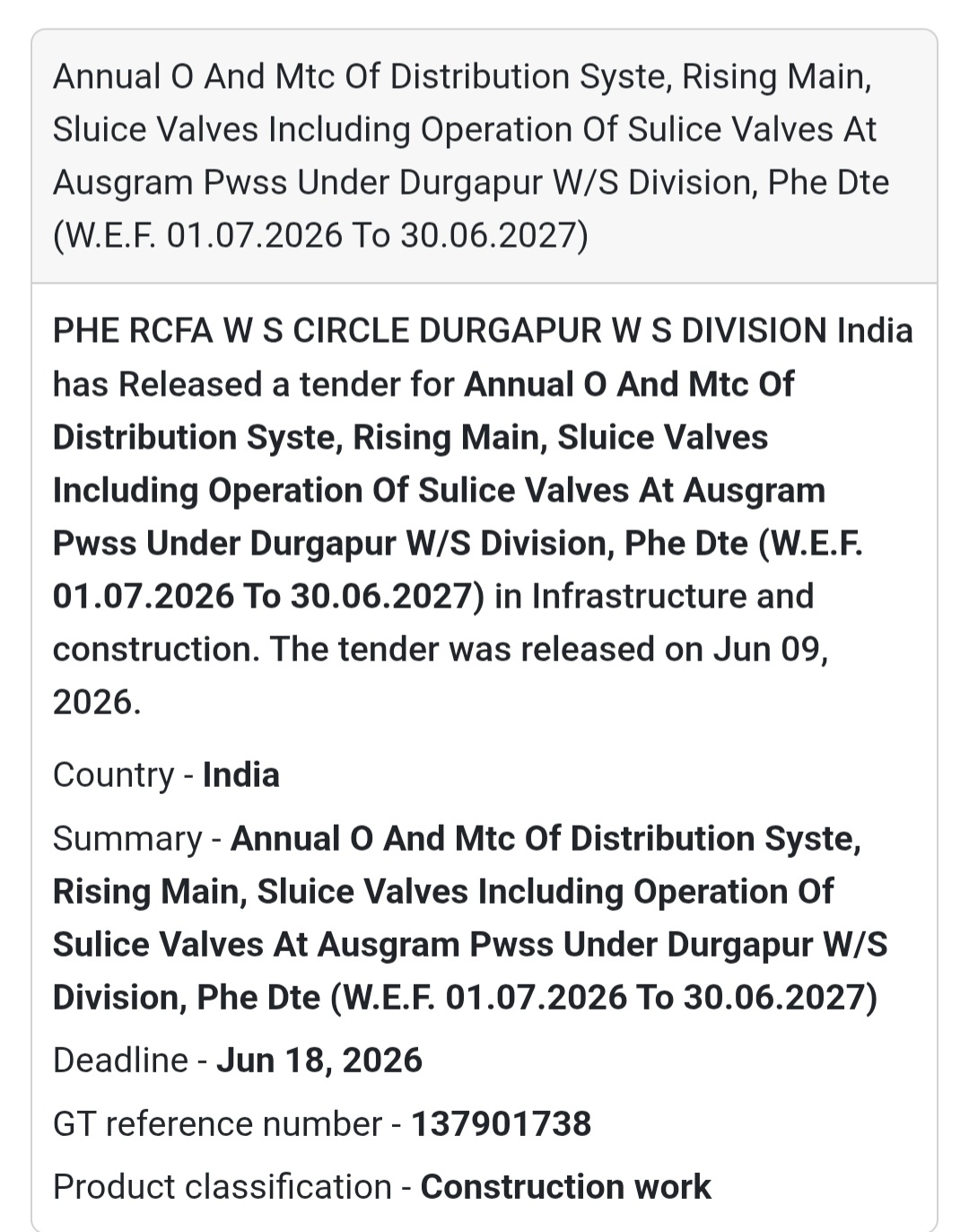 💧 Annual O&M of Distribution System, Rising Main & Sluice Valves at Ausgram PWSS | 📍 Durgapur, West Bengal