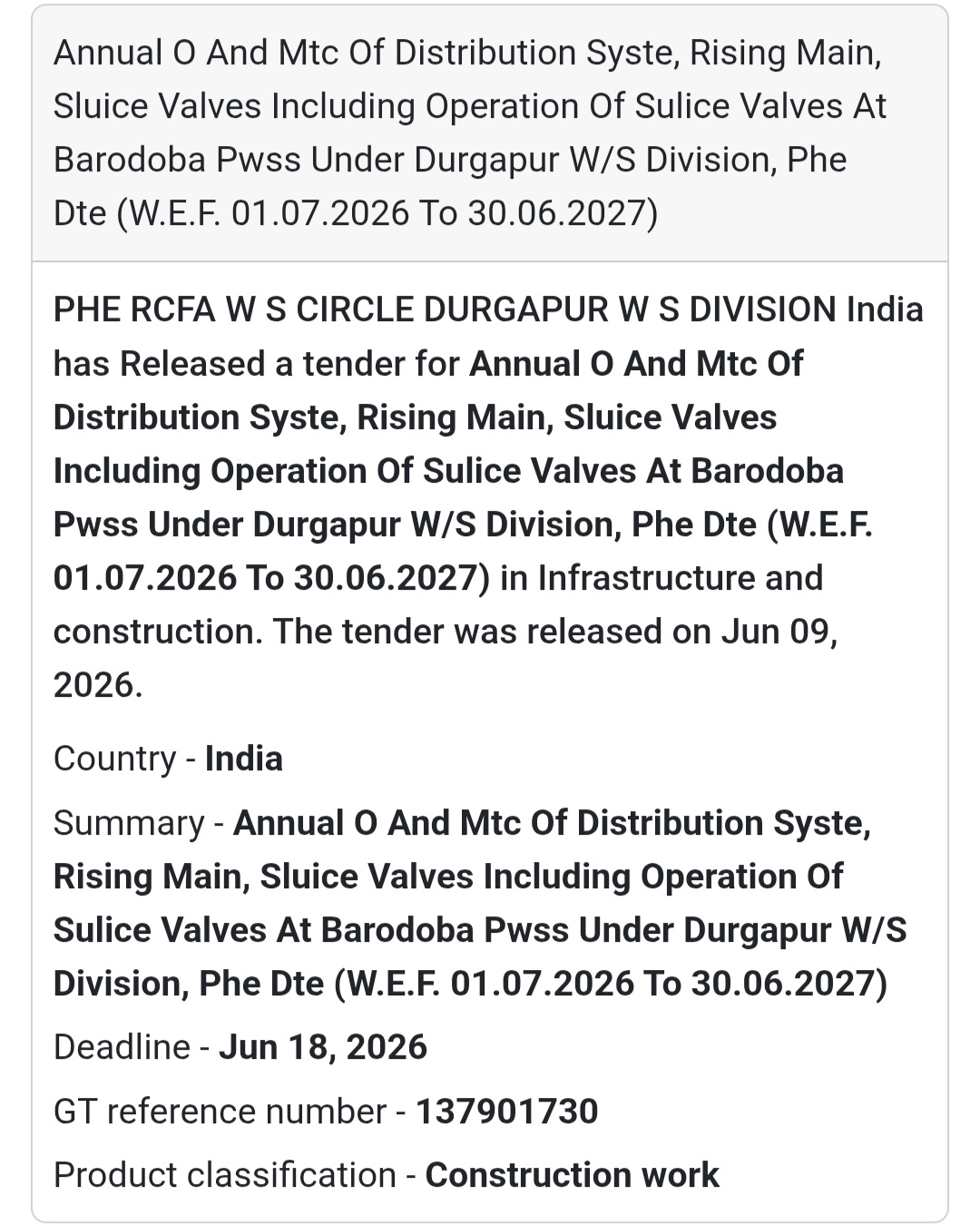 💧 Annual O&M of Distribution System, Rising Main & Sluice Valves at Barodoba PWSS | 📍 Durgapur, West Bengal