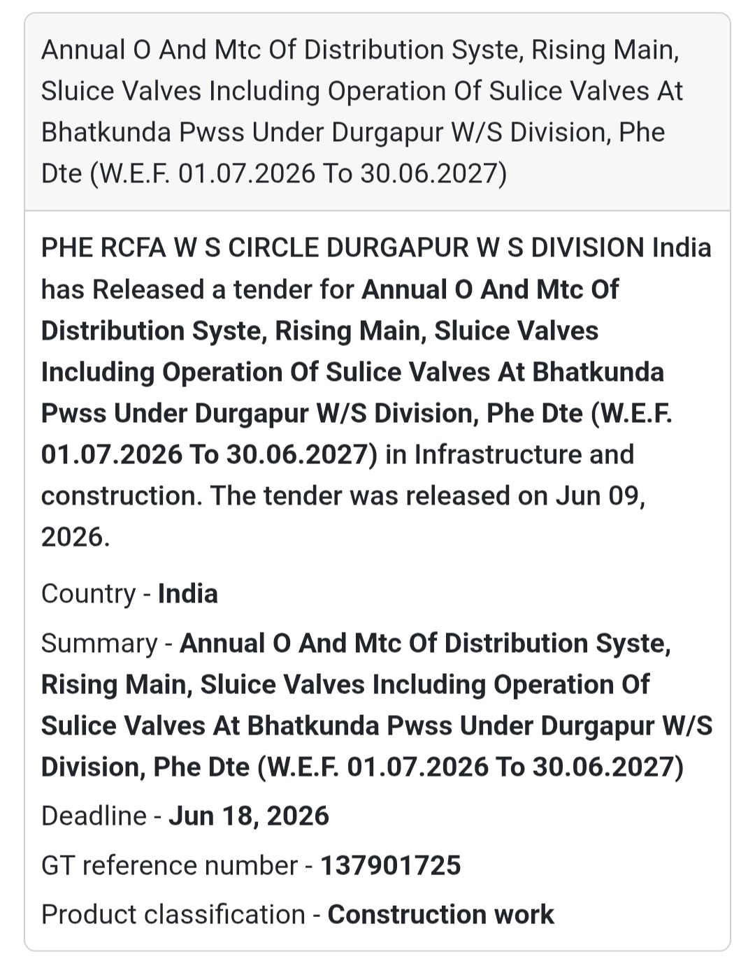 💧 Annual O&M of Distribution System, Rising Main & Sluice Valves at Bhatkunda PWSS | 📍 Durgapur, West Bengal