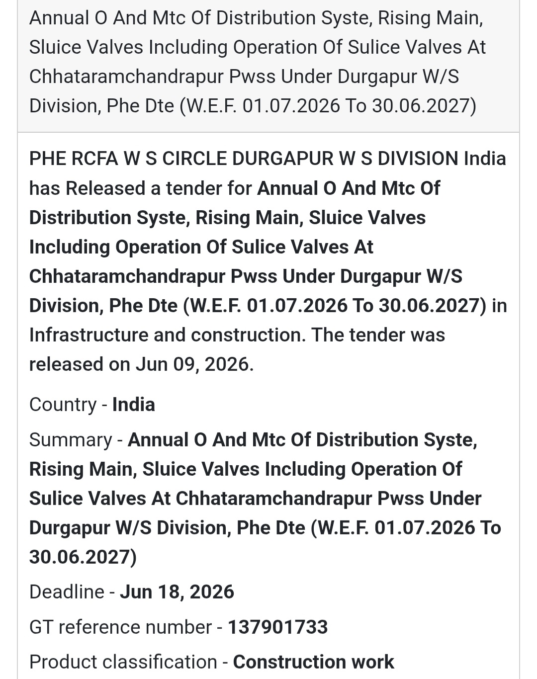 💧 Annual O&M of Distribution System, Rising Main & Sluice Valves at Chhataramchandrapur PWSS | 📍 Durgapur, West Bengal