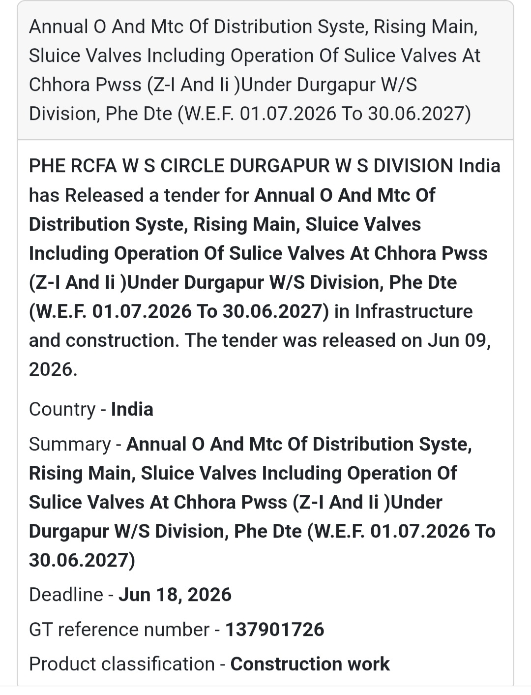 💧 Annual O&M of Distribution System, Rising Main & Sluice Valves at Chhora PWSS (Zone-I & II) | 📍 Durgapur, West
