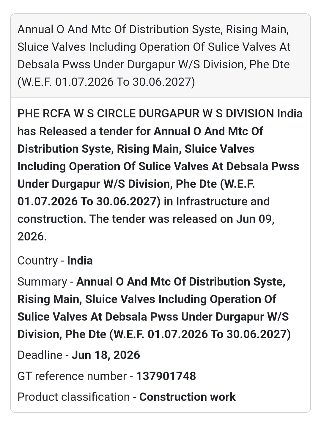 💧 Annual O&M of Distribution System, Rising Main & Sluice Valves at Debsala PWSS | 📍 Durgapur, West Bengal