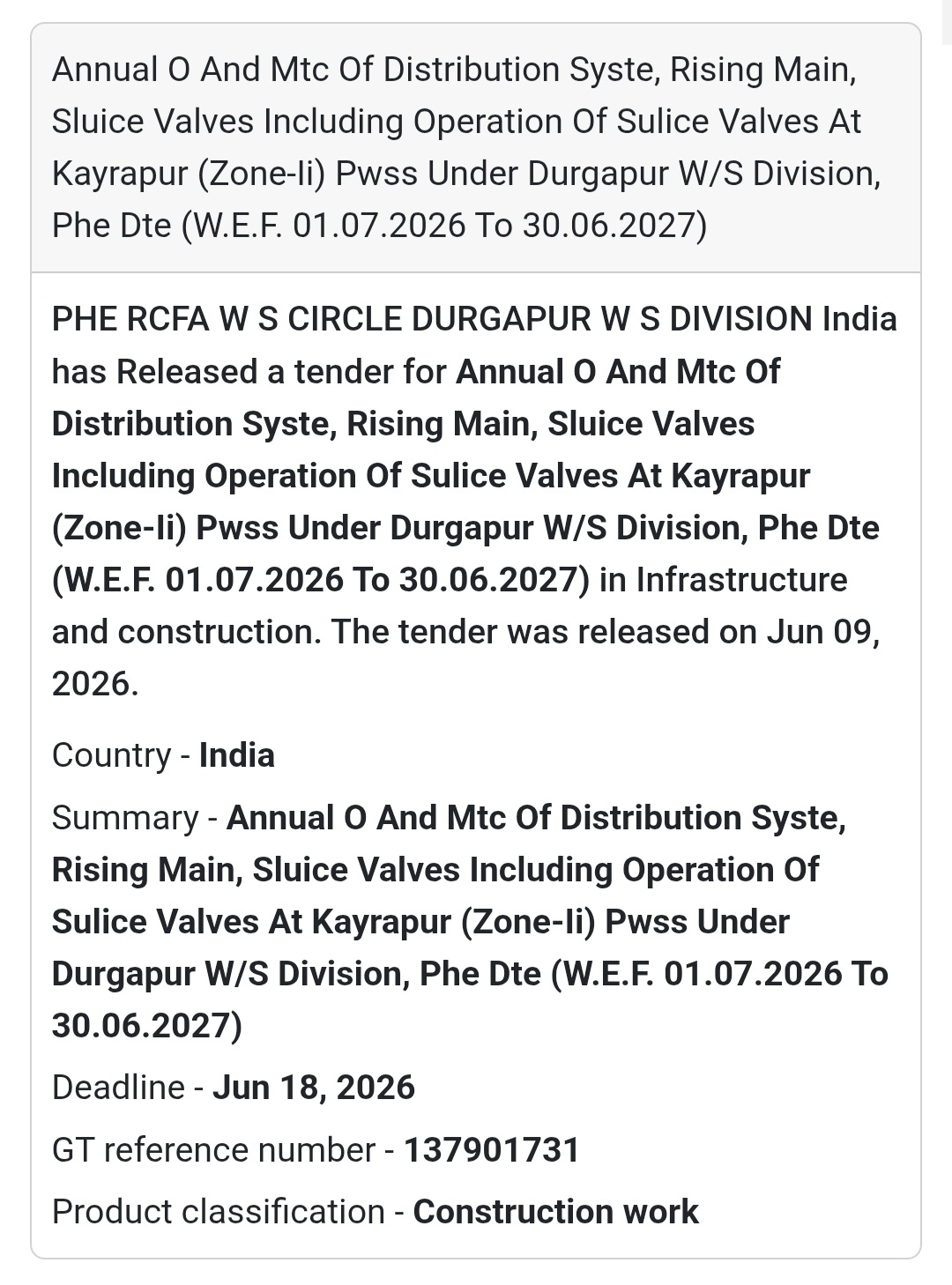 💧 Annual O&M of Distribution System, Rising Main & Sluice Valves at Kayrapur PWSS (Zone-II) | 📍 Durgapur, West