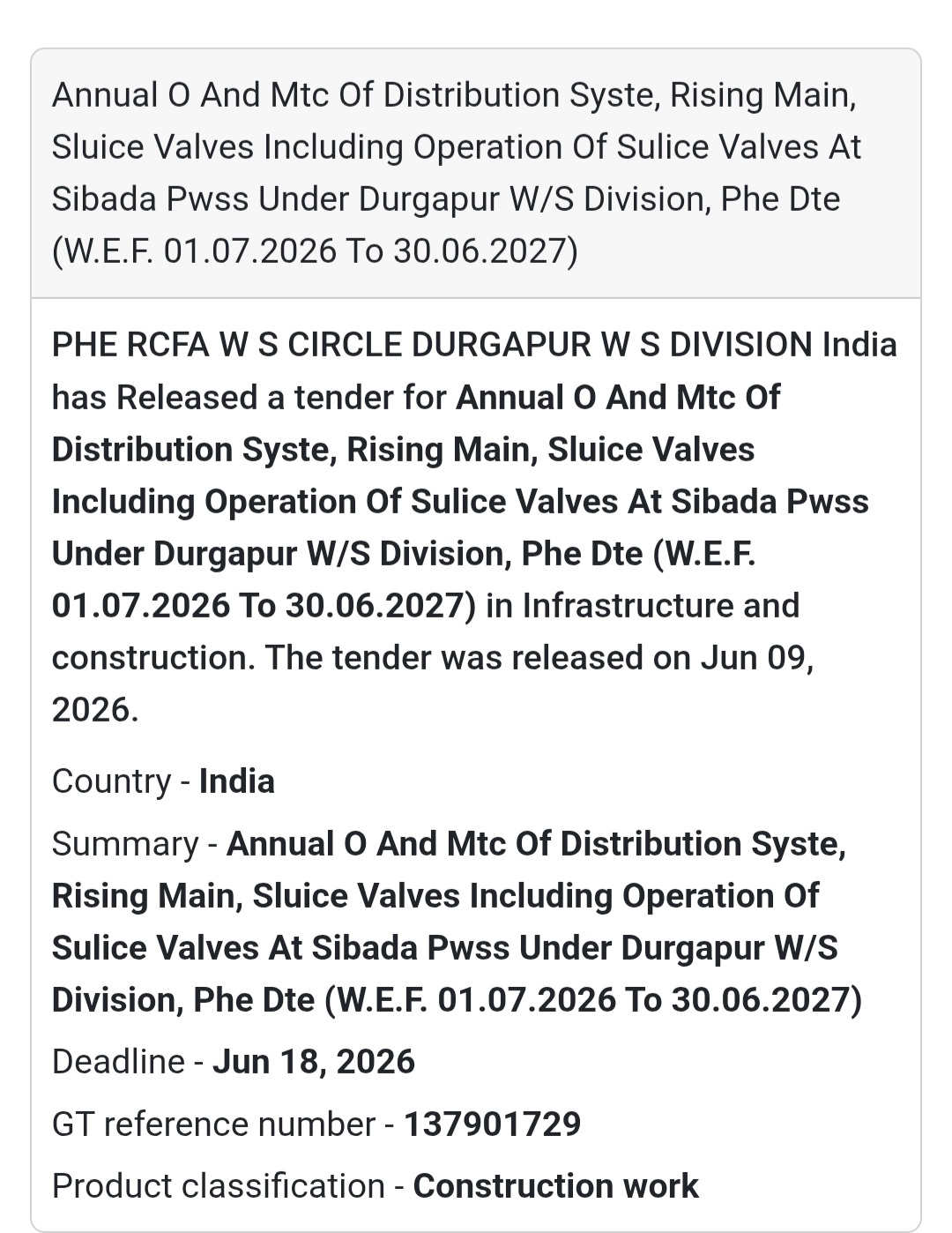 💧 Annual O&M of Distribution System, Rising Main & Sluice Valves at Sibada PWSS | 📍 Durgapur, West Bengal