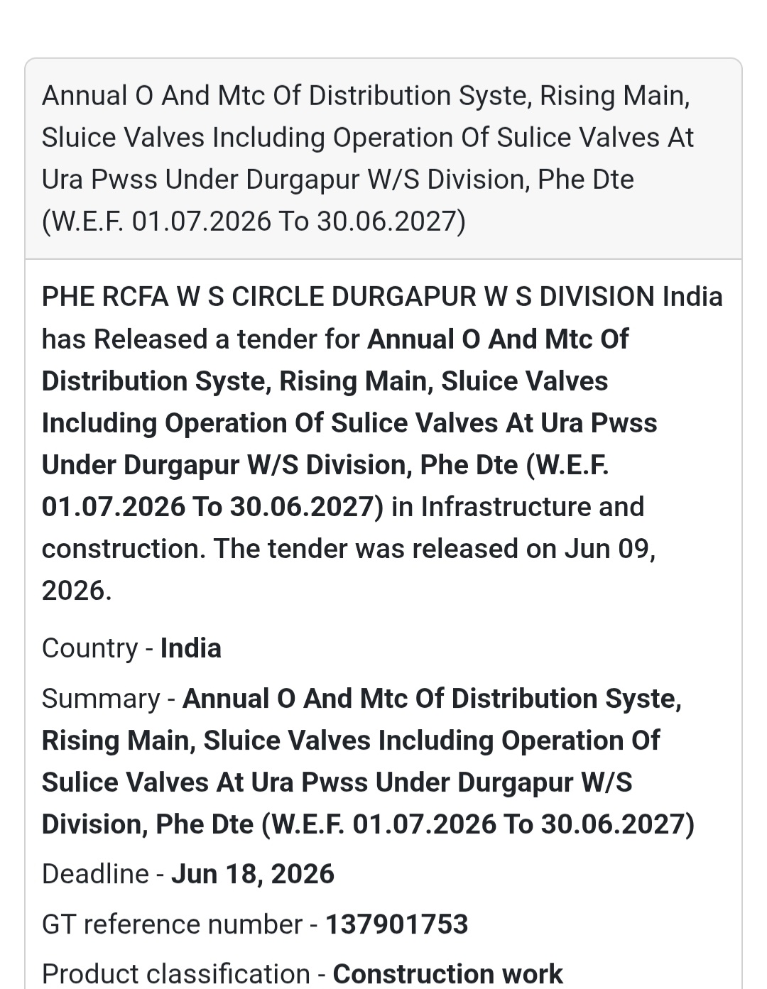 💧 Annual O&M of Distribution System, Rising Main & Sluice Valves at Ura PWSS | 📍 Durgapur, West Bengal