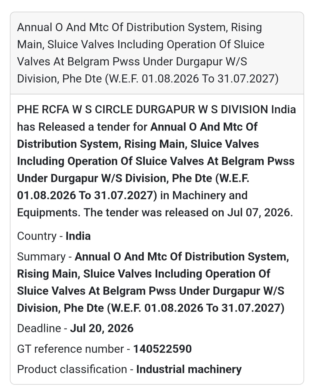 🚰 Annual Operation & Maintenance of Water Supply System – Belgram PWSS (Durgapur, West Bengal)