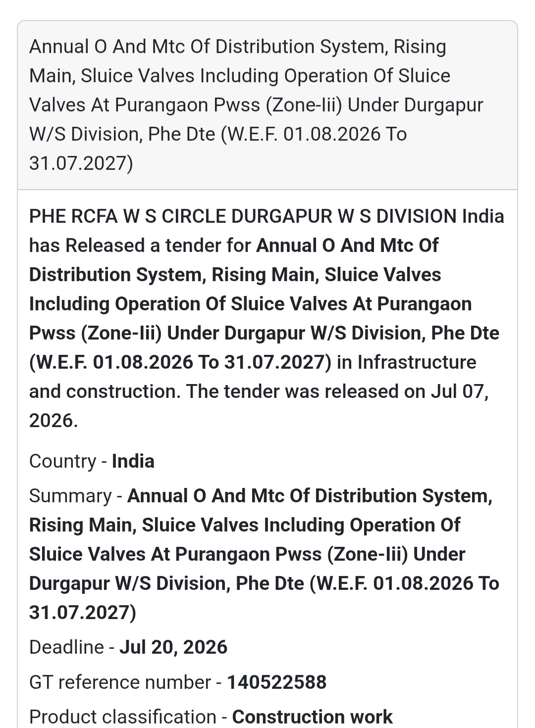 🚰 Annual Operation & Maintenance of Water Supply System – Durgapur (West Bengal)
