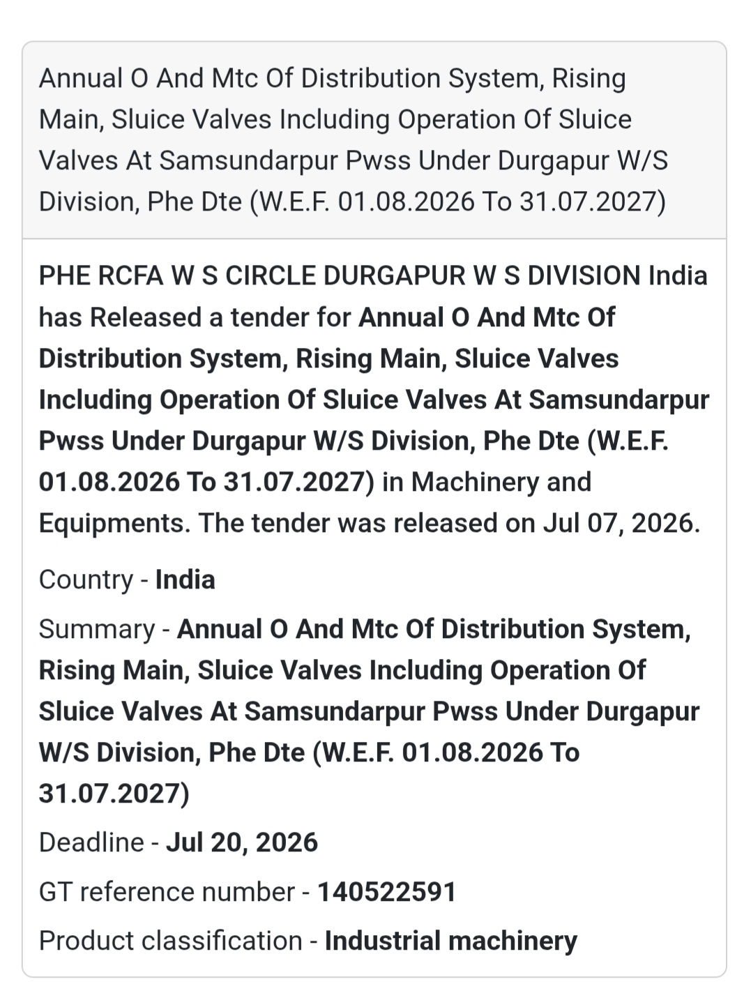 🚰 Annual Operation & Maintenance of Water Supply System – Samsundarpur PWSS (Durgapur, West Bengal)